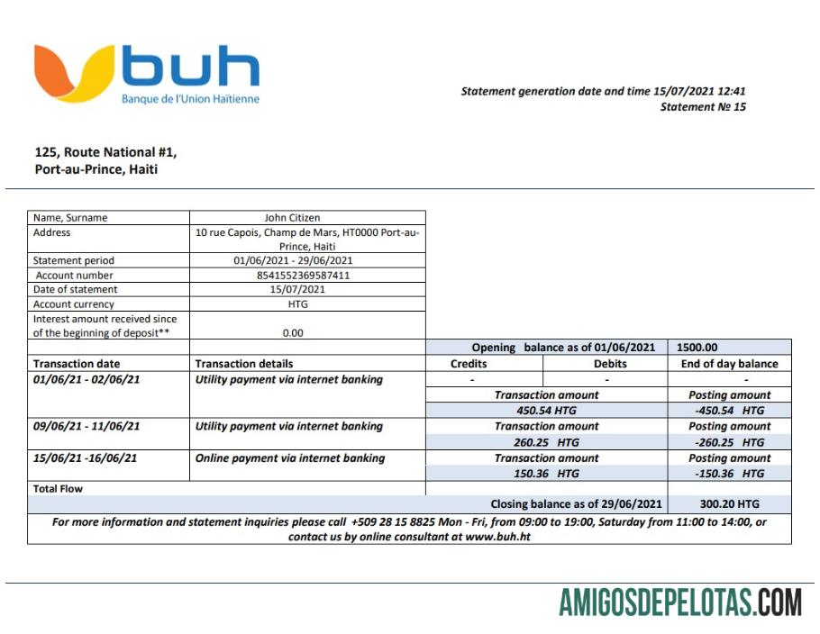 Modelo de extrato bancário do Haiti BUH